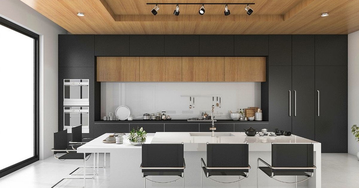 modern black and white kitchen with stools