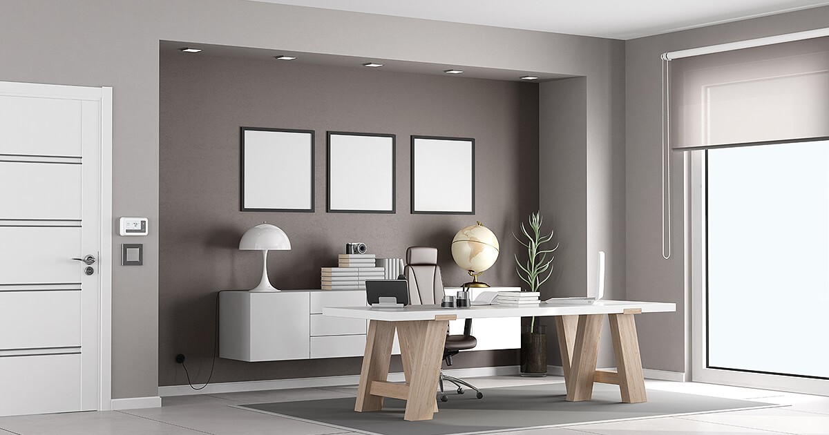 Large grey and beige home office after using interior design tips