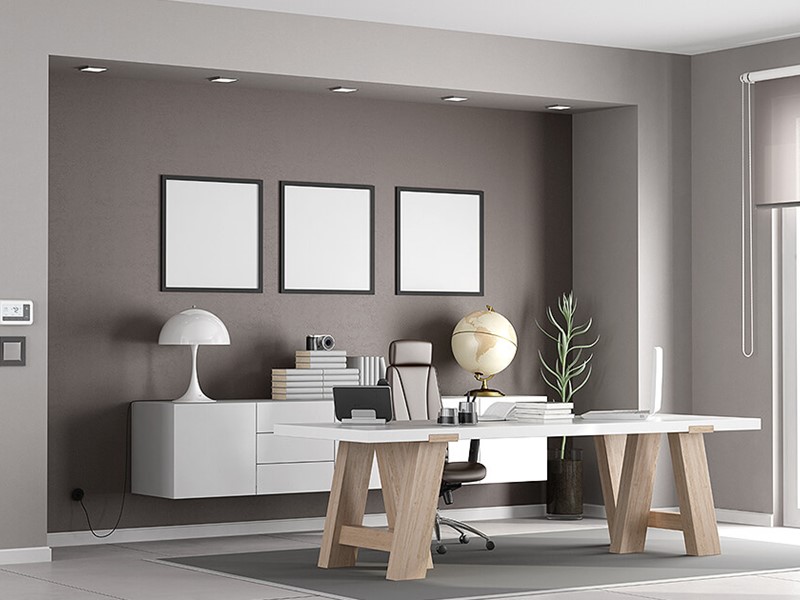 Large open grey home office with white and light timber finishings