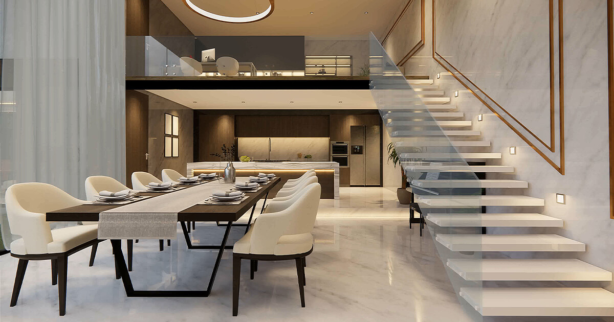 Luxury house in beige and white colours and elegant lighting throughout