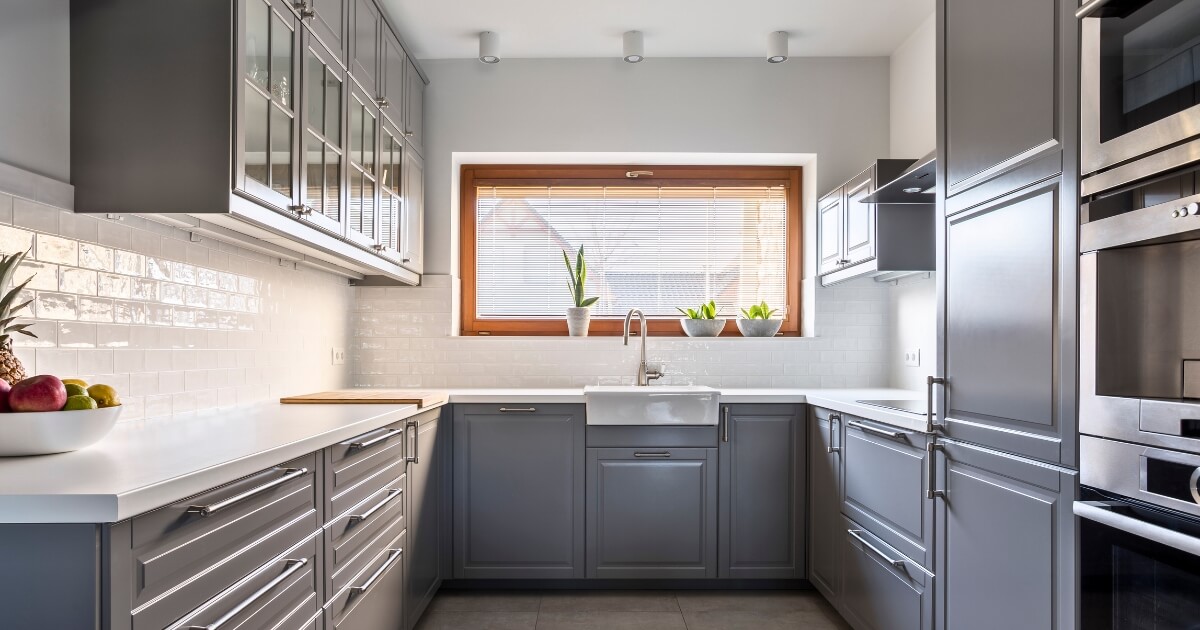 Custom kitchen cabinets in purple grey