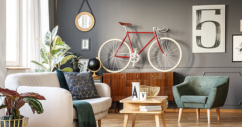 Vintage living room with bicycle