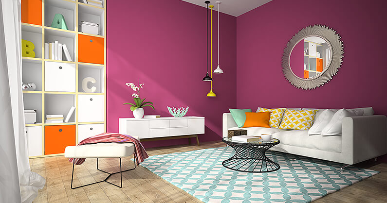 Living room with purple walls and round furniture