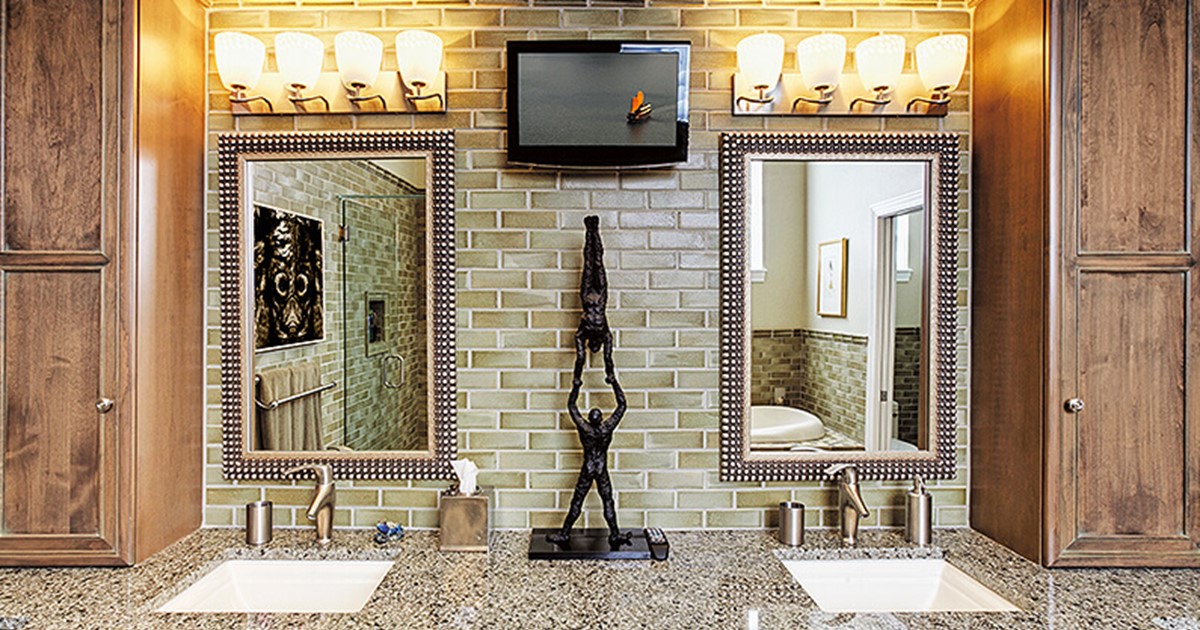 Bathroom with warm lighting and double sink
