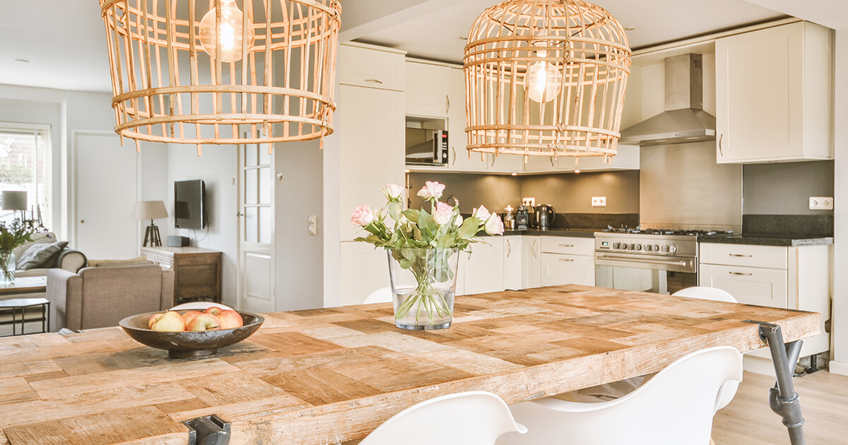 Coastal kitchen with rattan lights