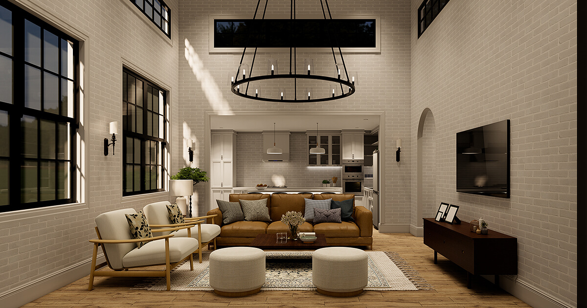 MIxed interiors design styles with chandelier and industrial look