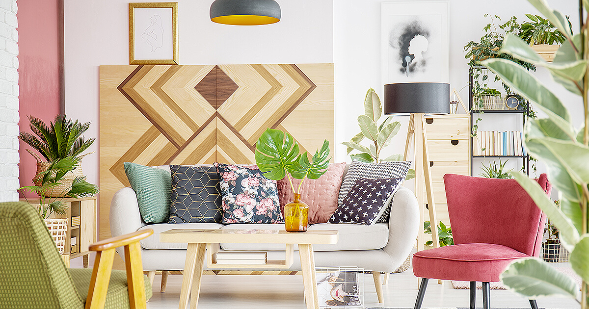 Colourful living room with large wood art