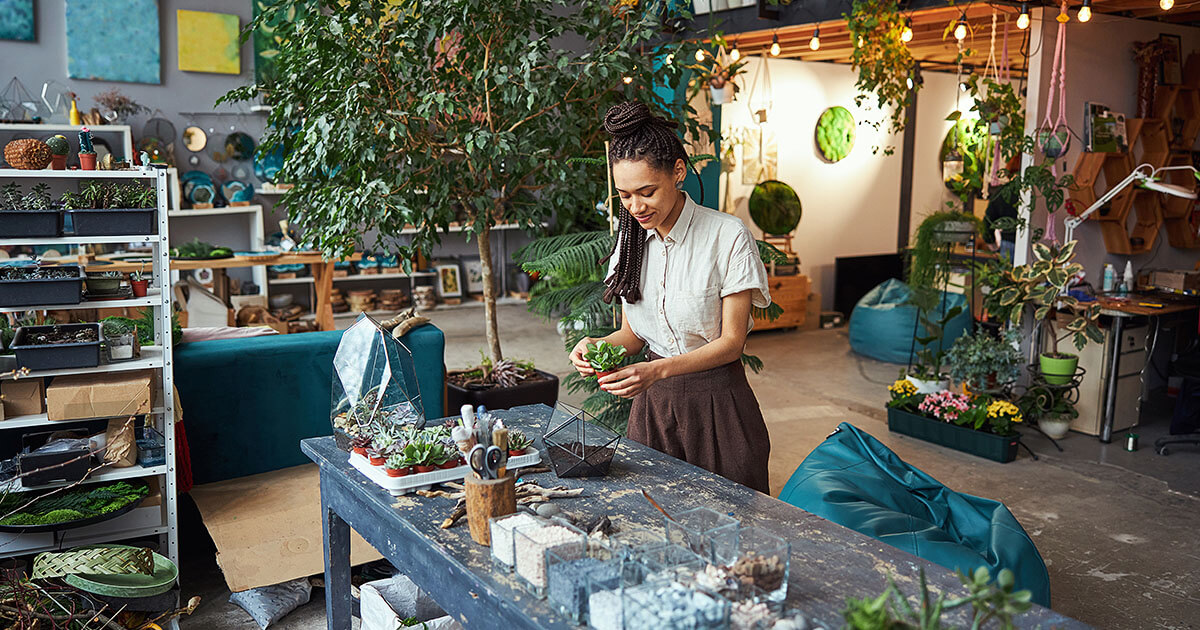 Plant shop design with seating and purchase desk