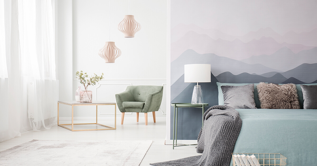 Bedroom with dusty pinks, blues and green