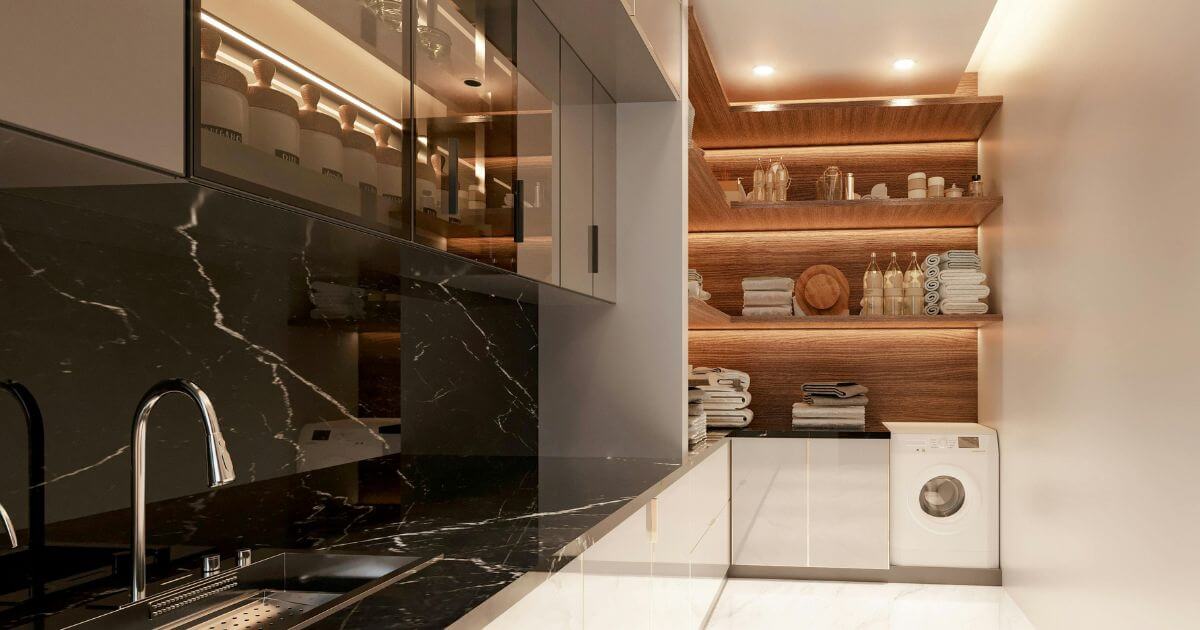 Butler pantry with sink and shelves