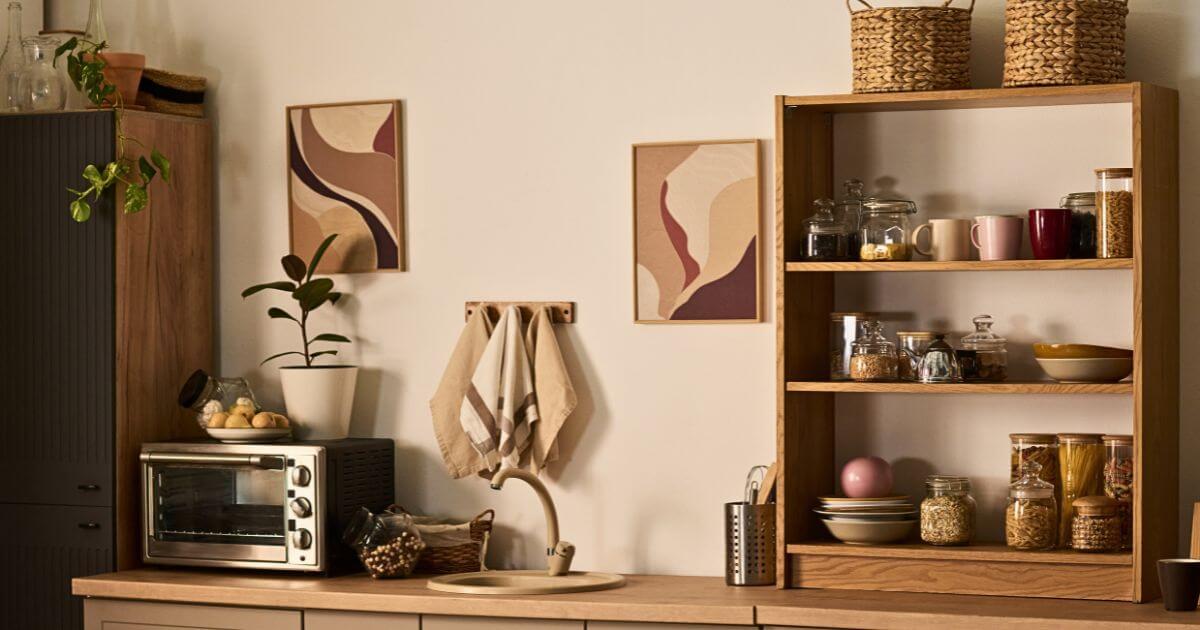 Brown open shelving in kitchen