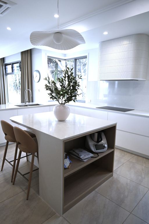 Kitchen with hidden shelving storage and seating
