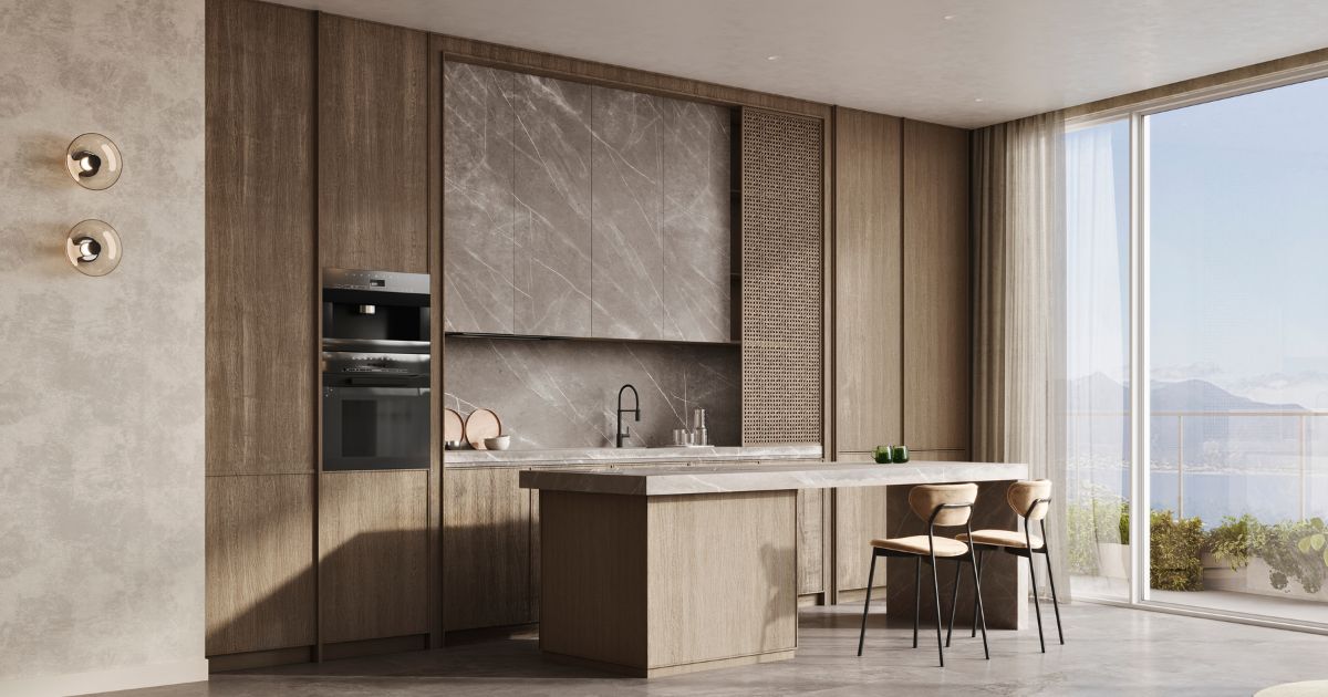 Open kitchen with handleless kitchen cabinets and large window