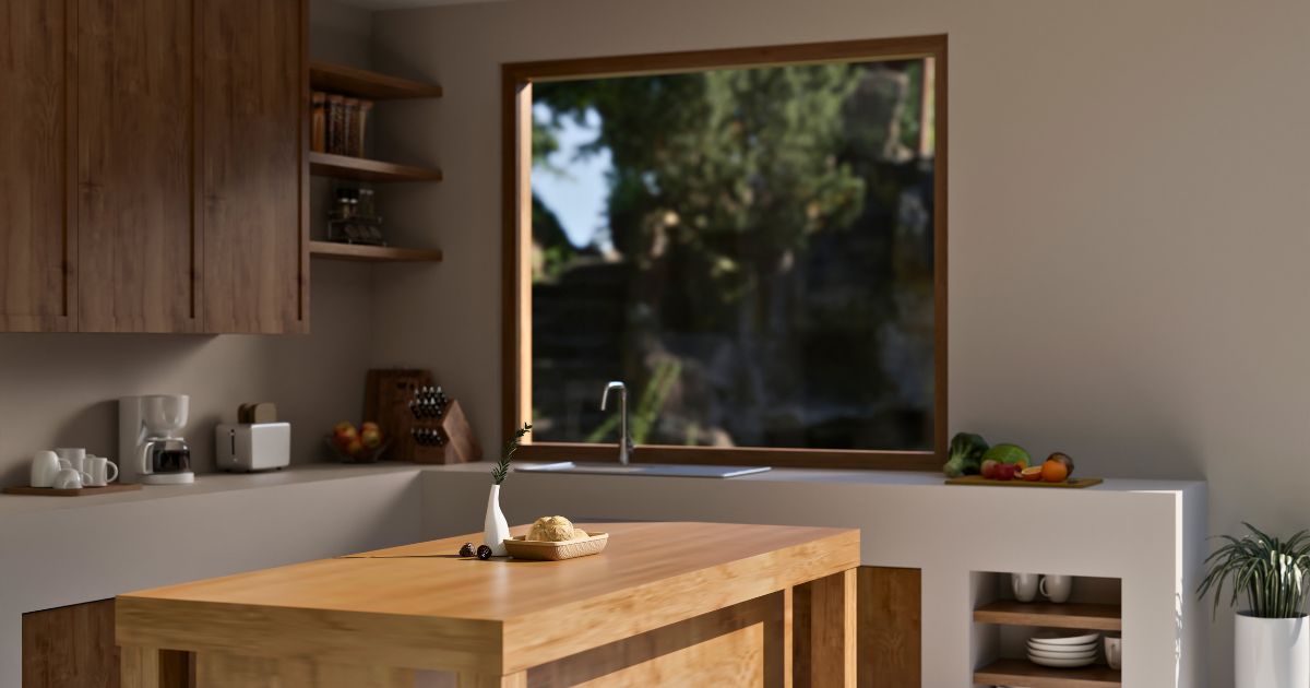 Timber island with large window